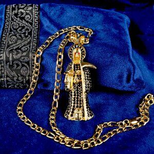 Santa Muerte Pendant Necklace Black Rhinestones